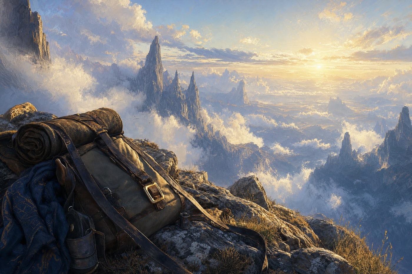 A traveller's pack lying close on a rocky ledge above a sea of cloud, straps loose and one brass buckle catching the low sun.