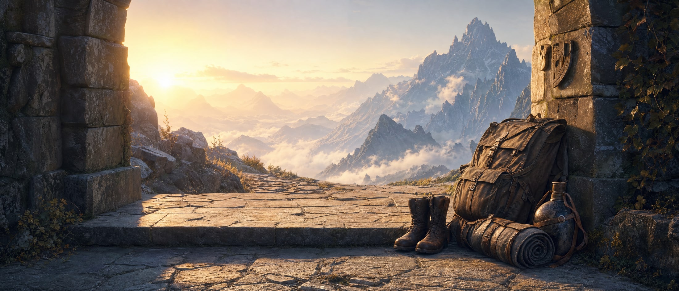 A wide stone threshold under a ruined arch at first light, a half-packed travelling pack and a pair of boots set together on the flagstones, the mountain road running out into gold haze beyond.