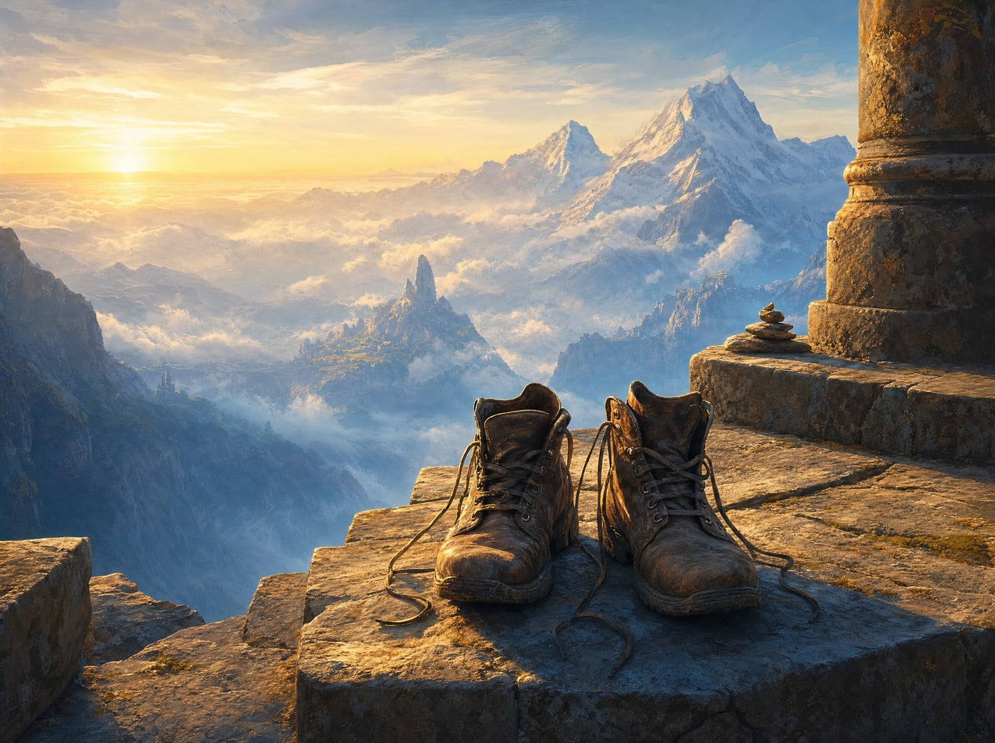 Worn walking boots set side by side on a sunlit stone step above a valley of cloud, laces still loose.