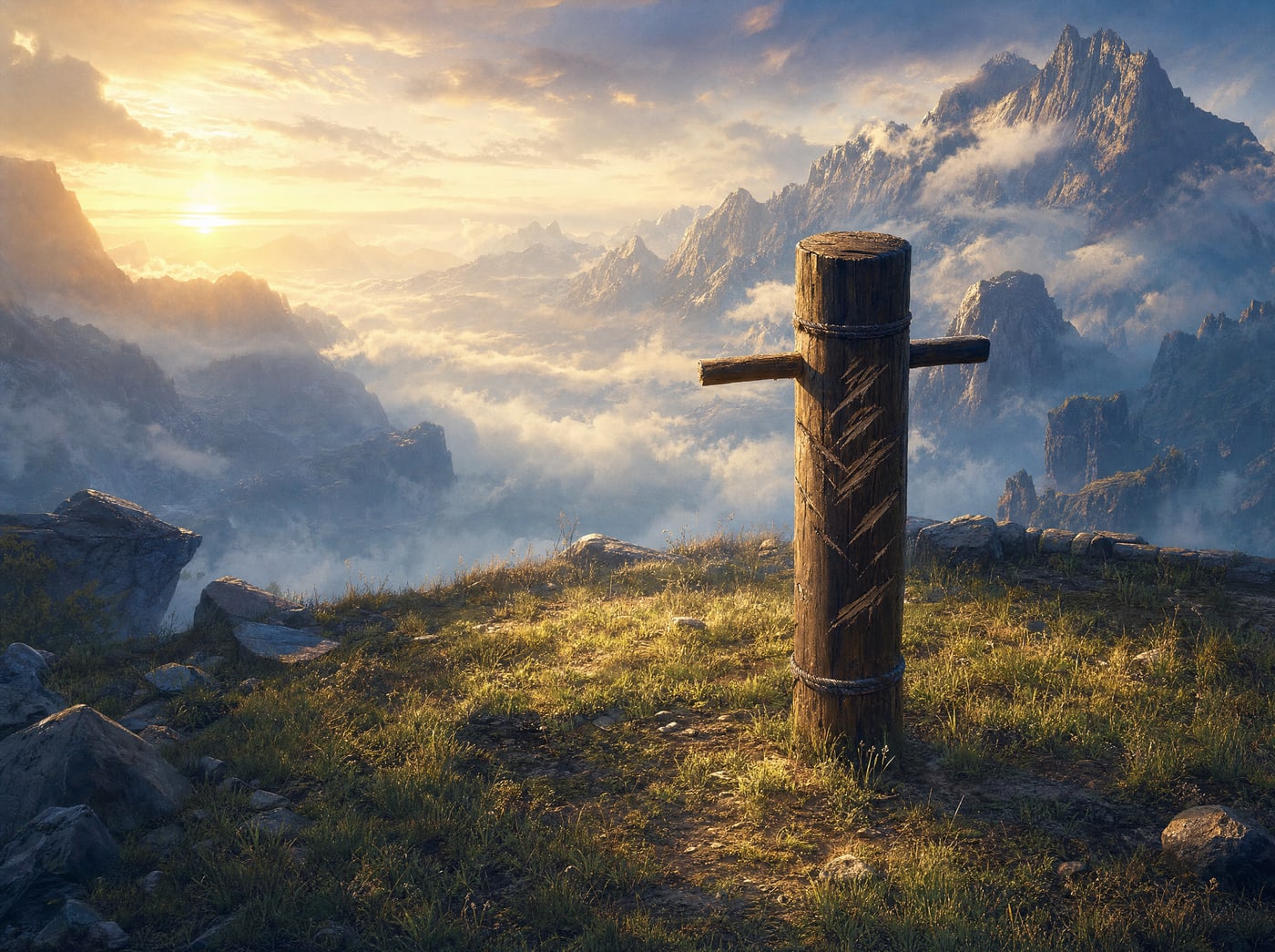 A wooden practice post on a grassy ridge at sunrise, its bark scarred with a few shallow, uneven first strikes.
