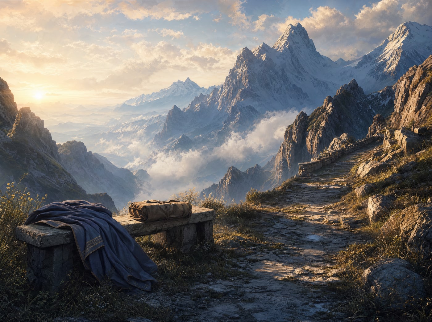 A low stone bench beside a mountain path at dawn, a folded blue cloak laid across it next to an unopened canvas bundle.