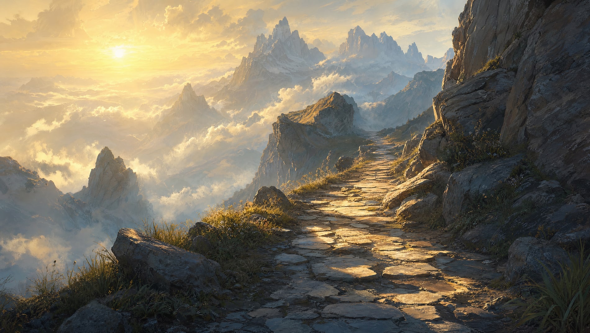A flagstone road seen from knee height, climbing away between rocks into gold morning haze and distant peaks.
