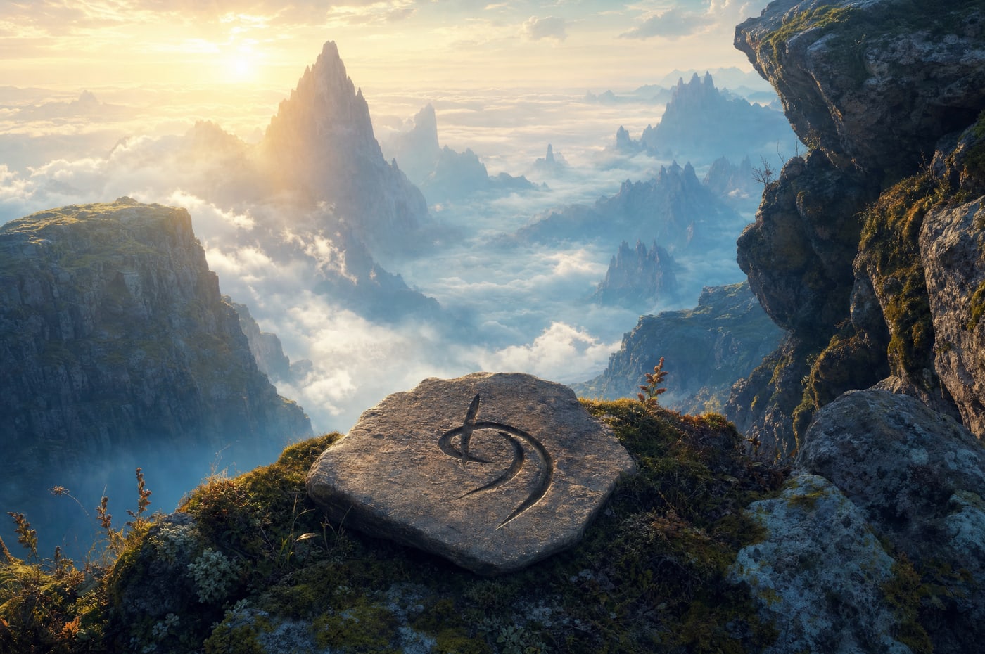 A flat stone carved with one curved mark, resting on moss at the edge of a valley filled with cloud.