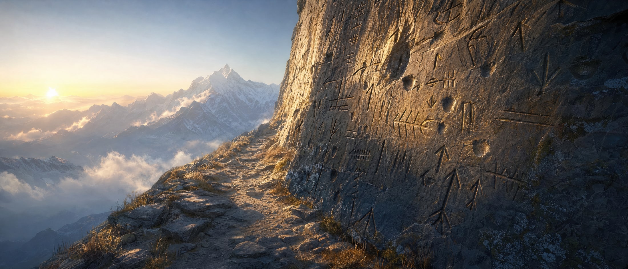 A tall stone wall beside a mountain path at first light, its whole face covered in generations of carved trail-marks, low sun raking across the cuts.