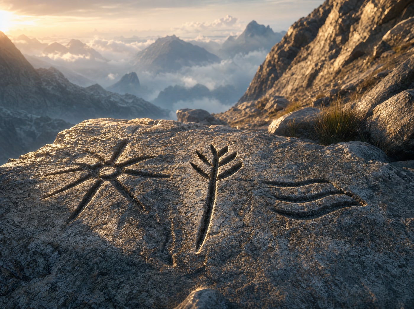 Three carved trail-marks close together on grey stone, raking dawn light making every cut legible.