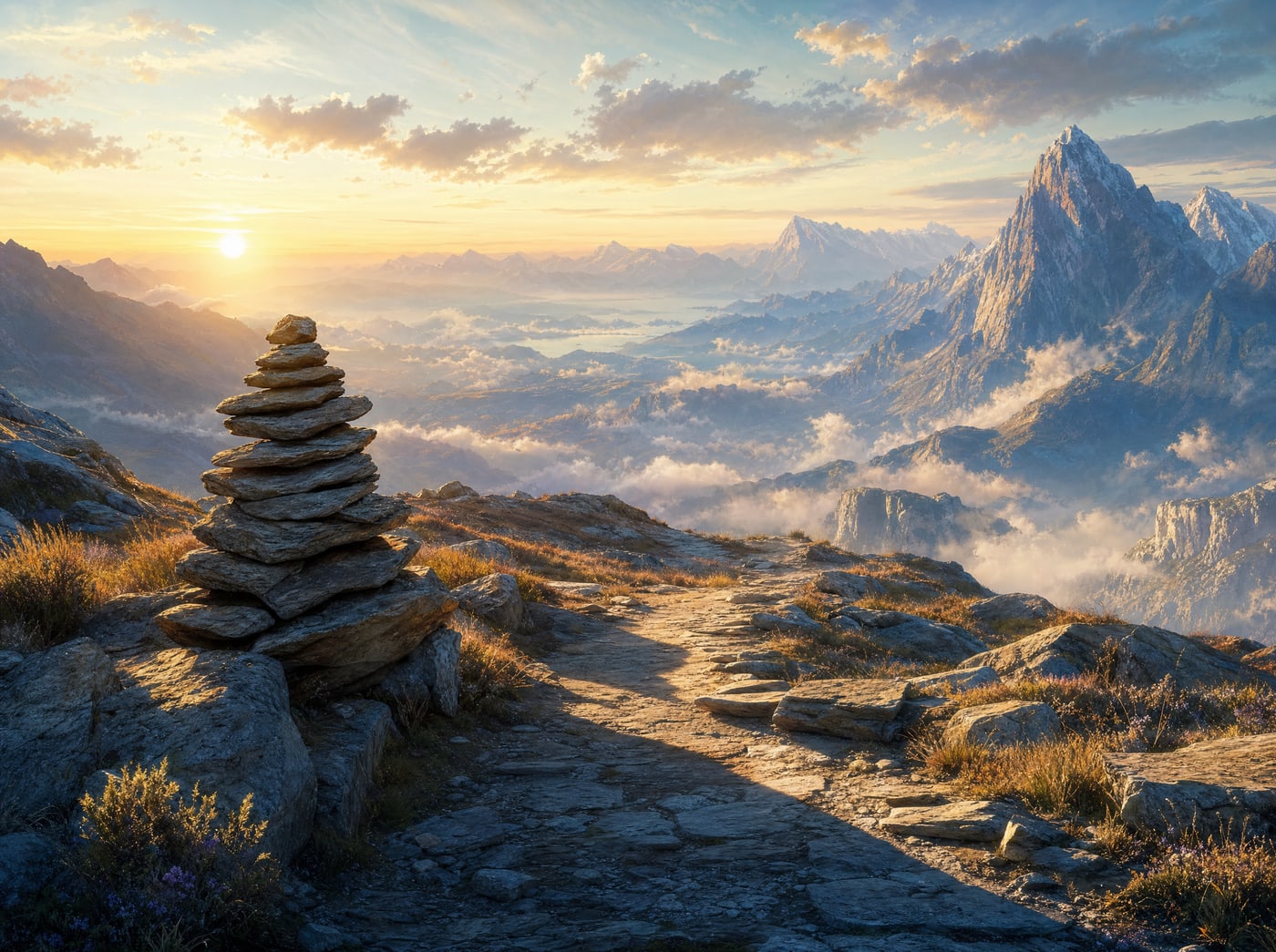 A cairn of flat stones stacked deliberately beside a mountain path, throwing a long shadow in low morning sun.