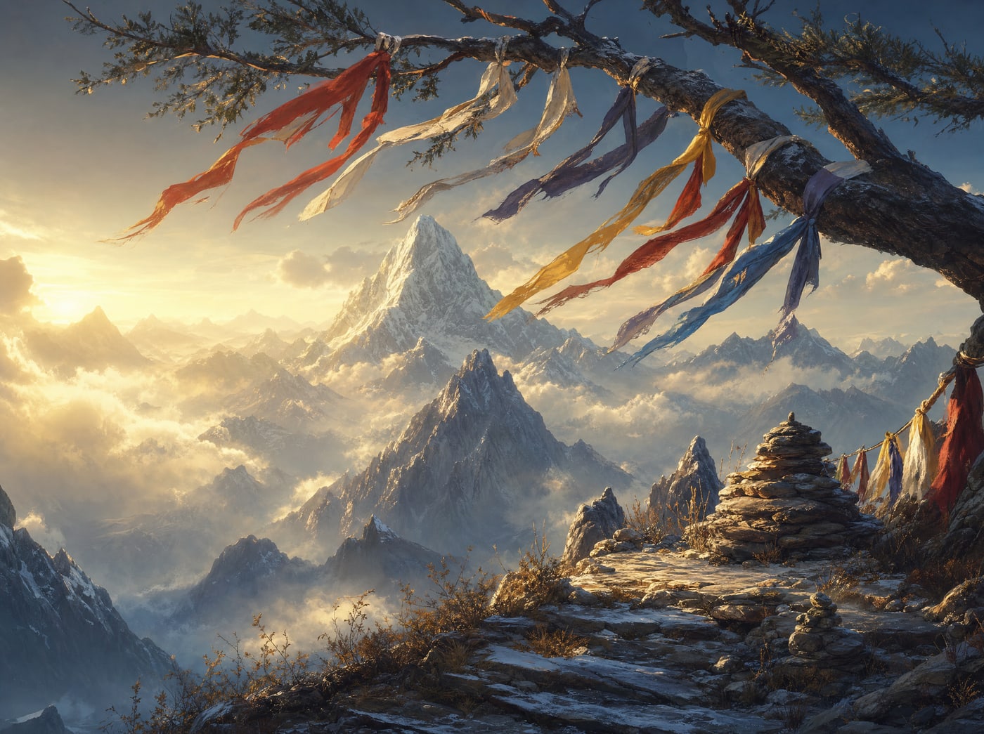 Coloured cloth ribbons tied along a bare branch in a repeating pattern, above a valley of cloud at sunrise.