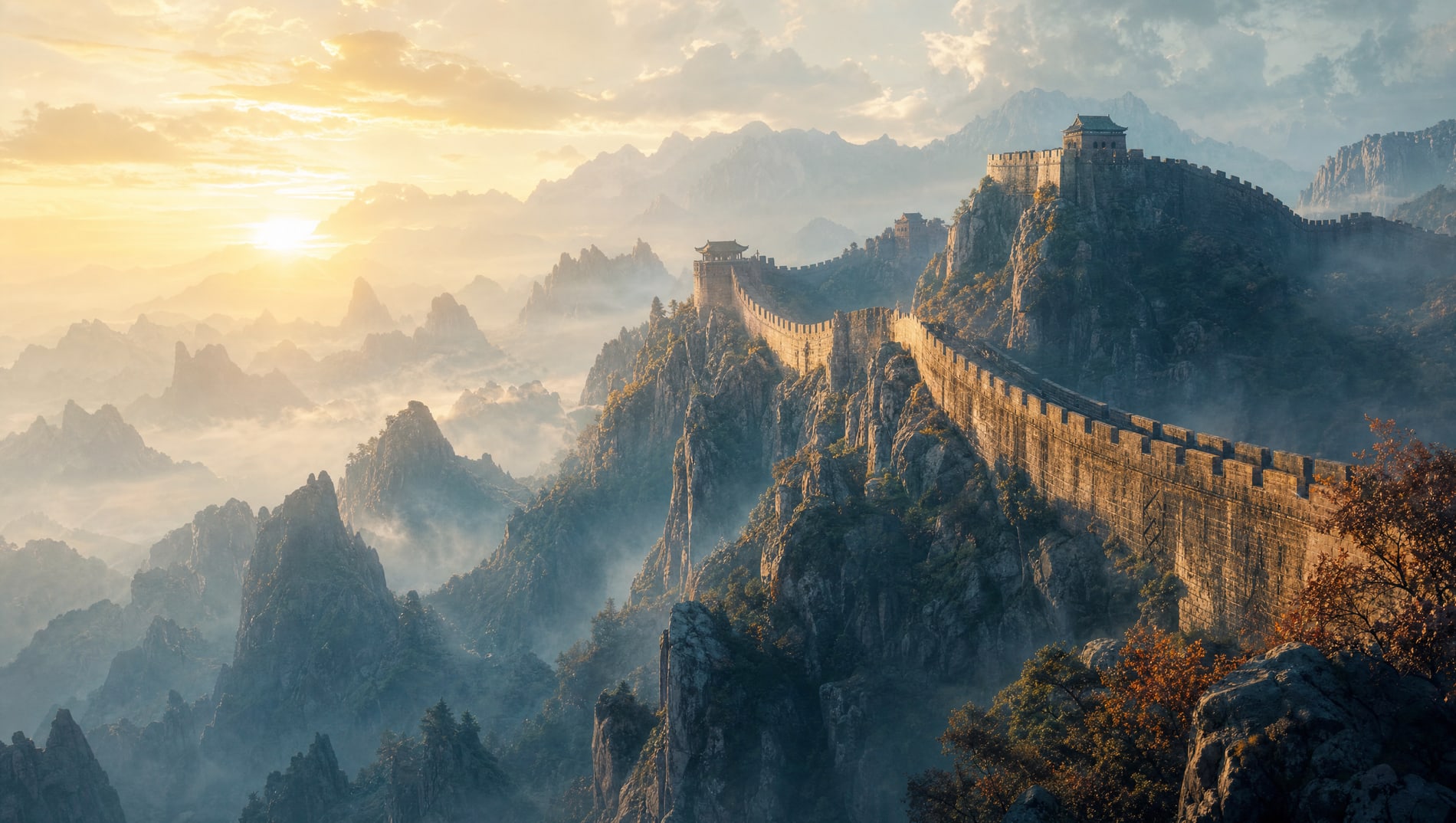 A long stretch of the marked wall running away along a ridge and disappearing into gold morning haze.