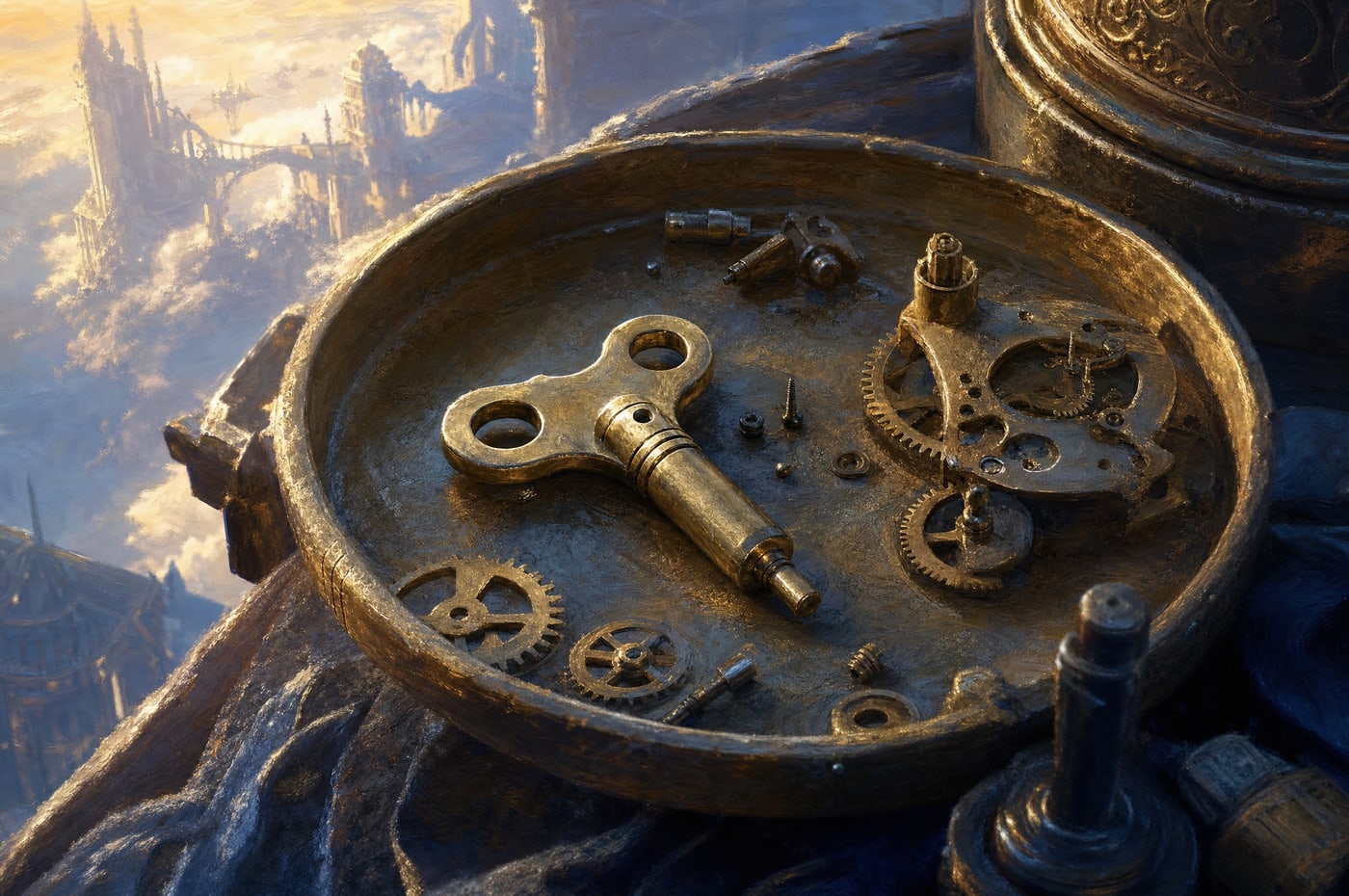 A small brass adjusting key lying in a shallow tray of lamp parts — gears, screws and a spare burner — on a bench above a misty city.