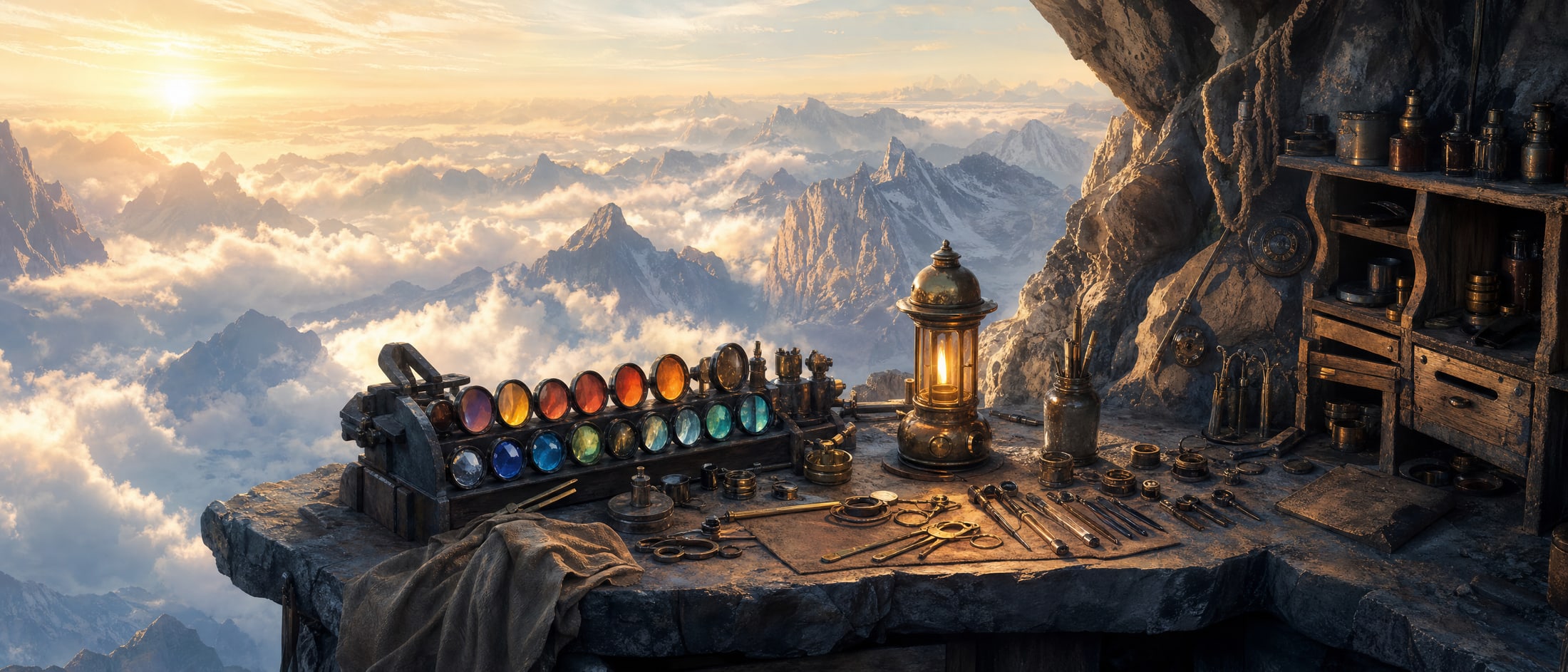 A lantern keeper's stone workbench above the clouds at dawn: a rack of coloured lenses, spare wicks, brass shutters and adjusting keys laid out in order, and one lamp burning at exactly the right brightness.