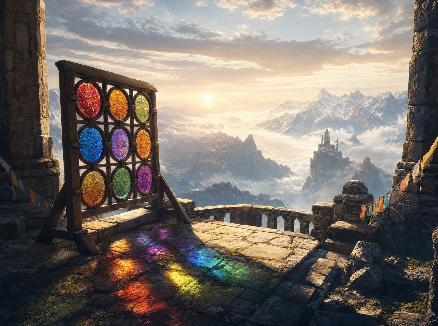 A rack of coloured glass discs on a stone terrace, dawn light throwing their colours across the flagstones.