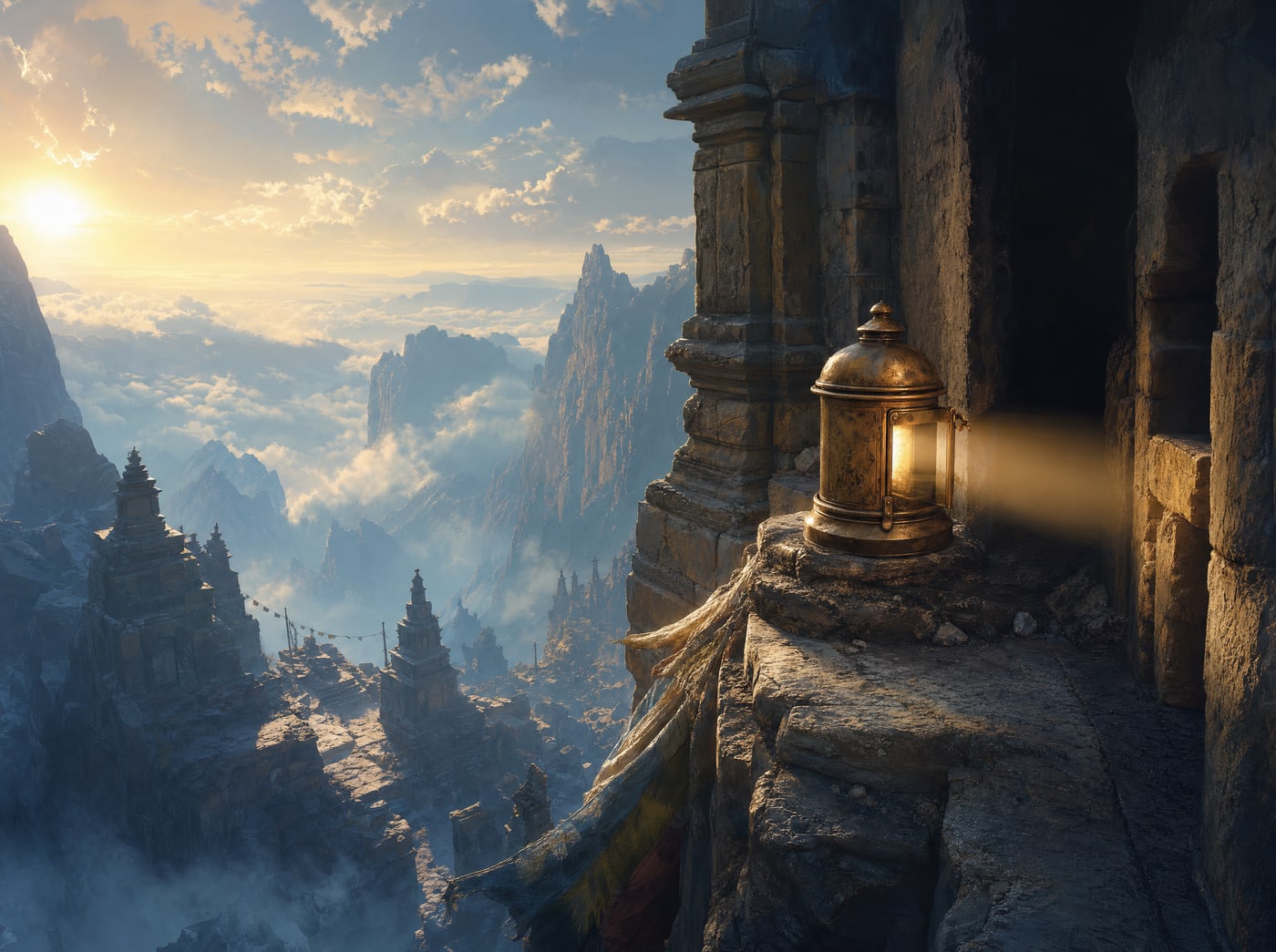 A brass lamp on a cliff ledge with its shutter half closed, throwing one narrow beam into a doorway.