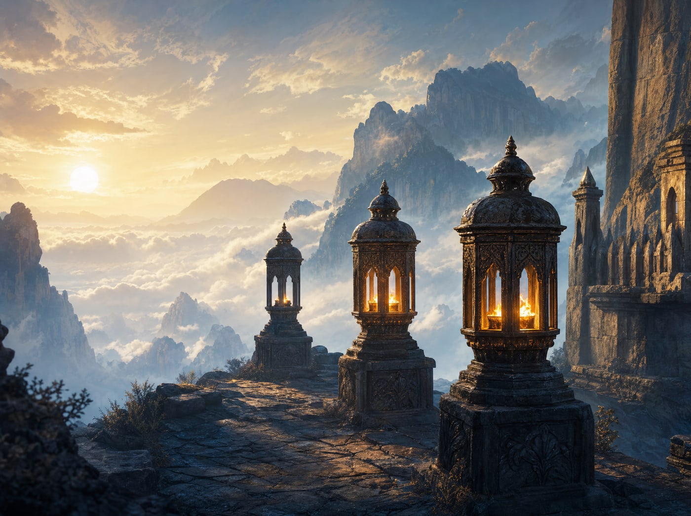 Three identical stone lanterns on a ridge above cloud, each burning at a visibly different brightness.