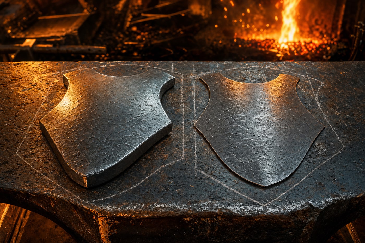 Two hands holding up two beaten metal plates of the same round pattern beside a lantern — the left one deep and heavy, the right one shallow and light.