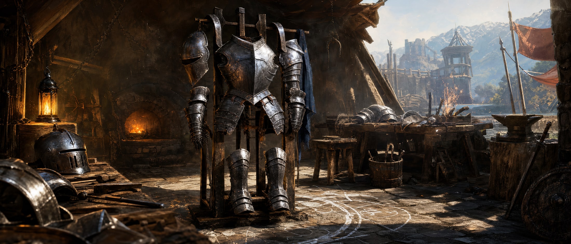 An armour stand mid-assembly in an open forge yard at noon: breastplate and one arm fitted, a helm and spare pauldrons hung on the frame beside it, unshaped plate lying on the bench at the left, and chalk fitting-marks scribed across the flagstones around its feet.