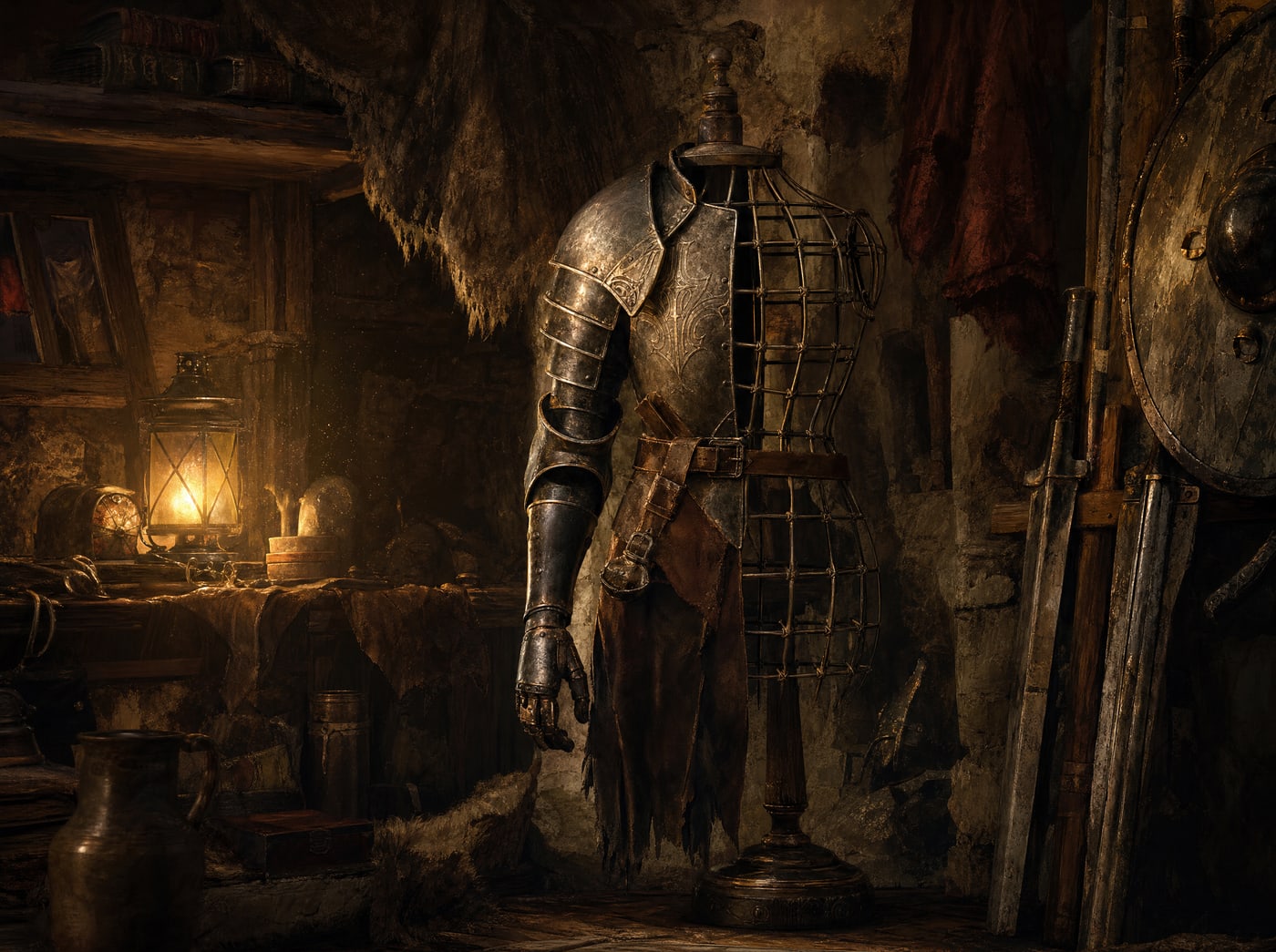 A torso stand in a dim workshop with the whole left side plated — pauldron, articulated arm and gauntlet — and the right side left as bare wire frame, a lantern burning on the bench behind it.