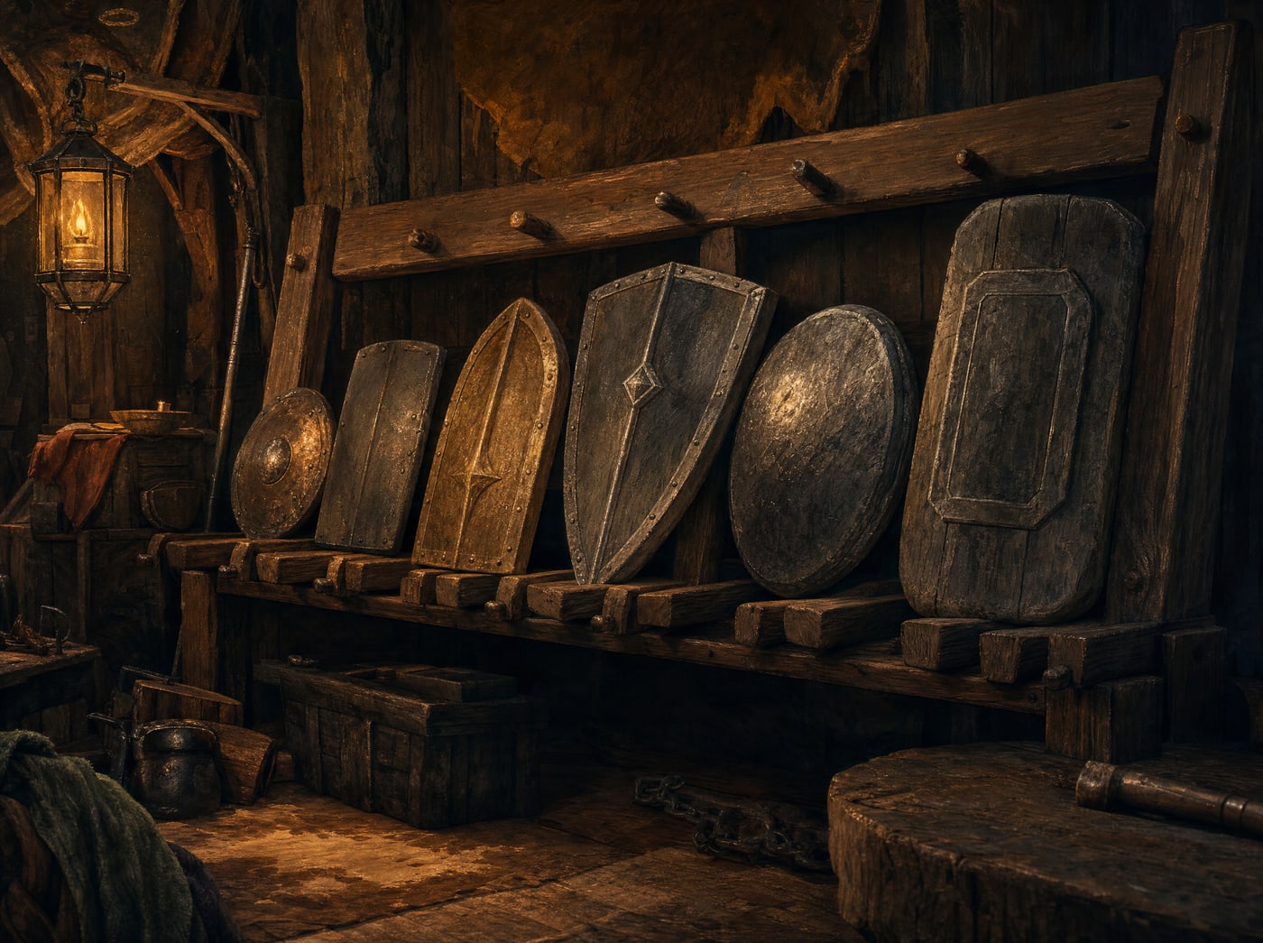 Six shaped pieces standing in a wooden rack against a plank wall in lantern light — a small round buckler, a flat board, a long tapered shield, a heavy kite shield, a broad disc and a thick square panel, each cut to a different weight.