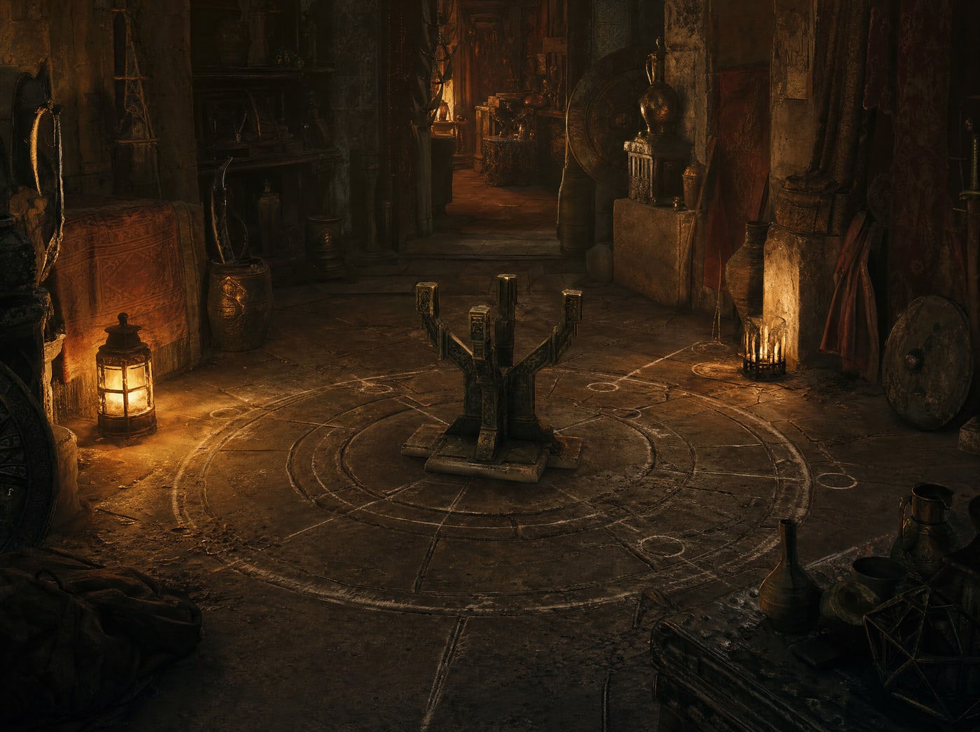 A stone floor scribed with concentric chalk fitting-circles around an empty iron stand base, a lantern burning at the edge of the room and shelves of stored gear behind it.
