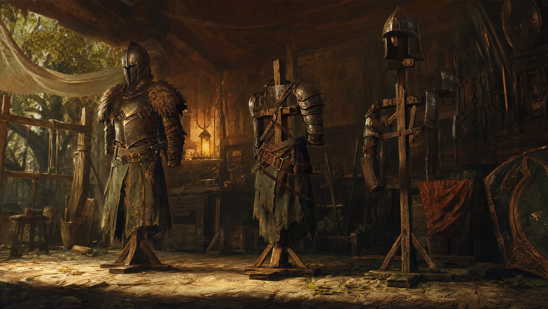 Three armour stands in one workshop bay, each assembled to a different degree: the near one nearly complete with helm and cuirass, the middle one strapped with a single pauldron, the far one still mostly bare timber with a helm balanced on top.