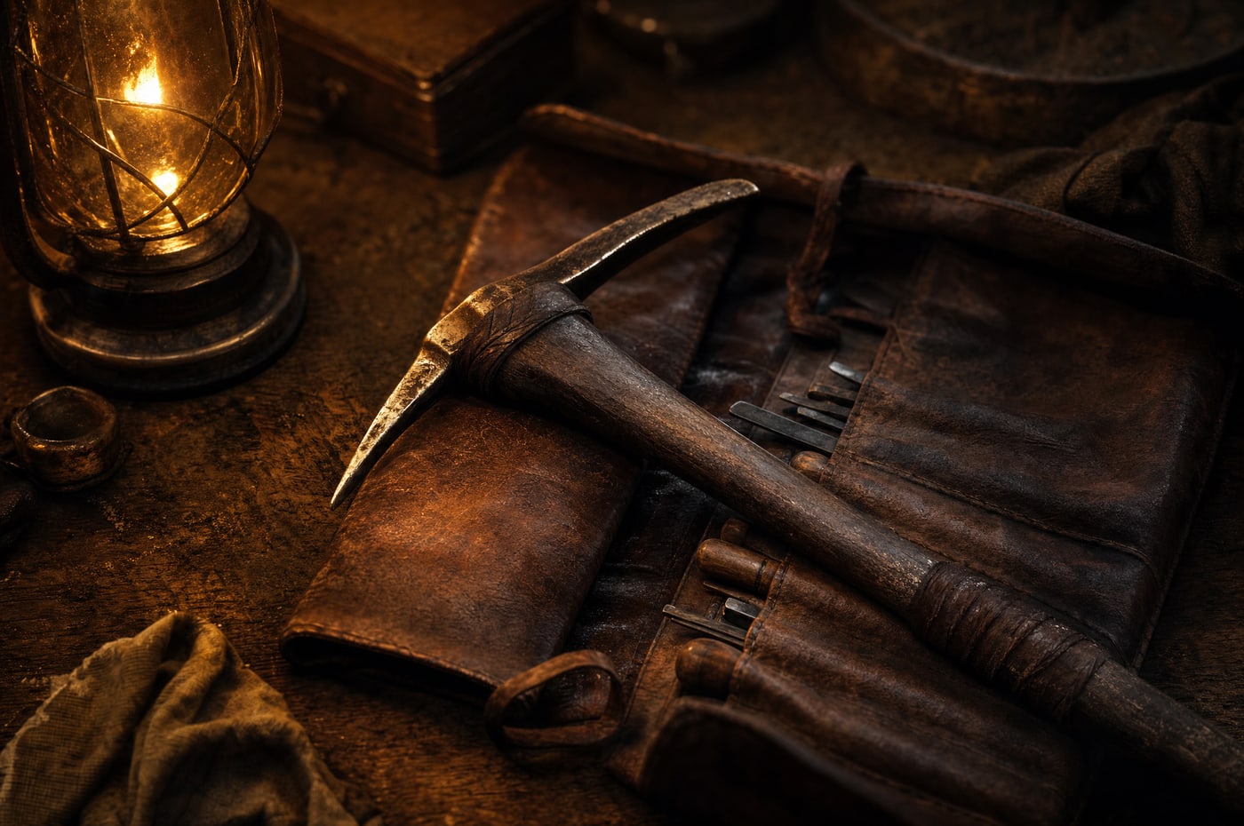 A single heavily worn implement, its handle darkened by years of use, lying across an open leather tool roll beside a burning lantern.