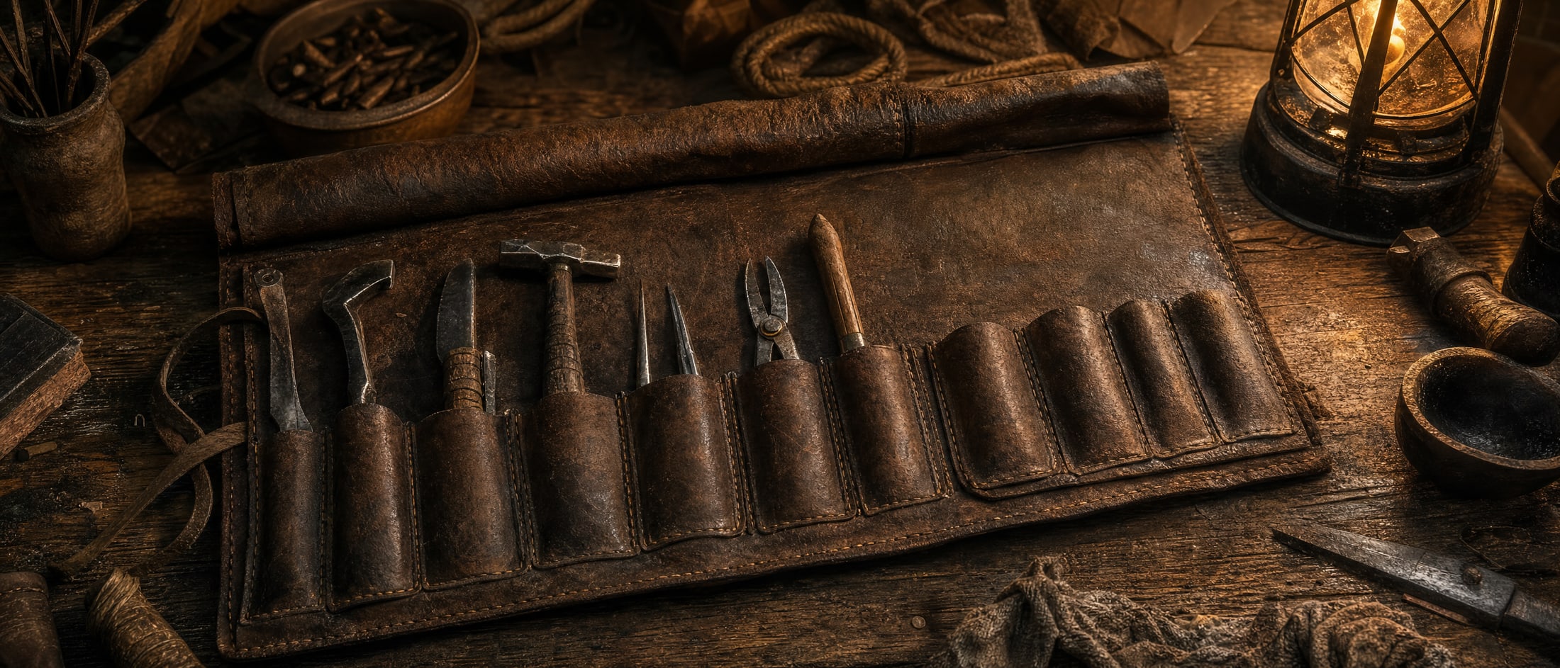 A heavy leather tool roll laid open flat on a workbench by lantern light: worn implements standing in the loops along the left, and a run of loops at the right end holding nothing at all.