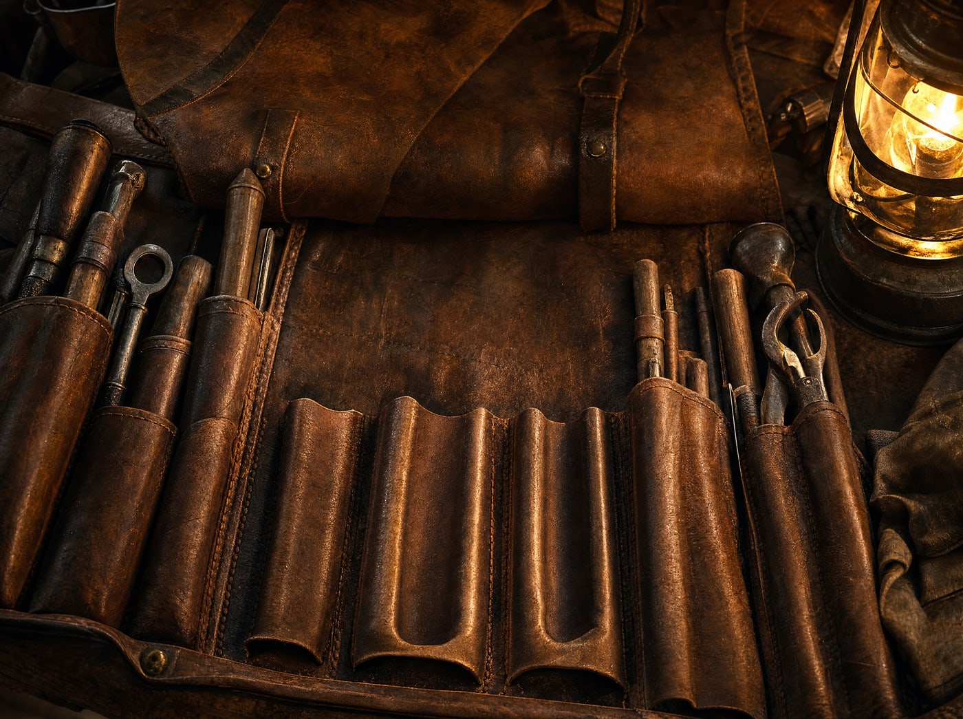 A close view of an open leather tool roll: full loops crowding in from both sides and several loops in the middle standing empty, their leather creased where something used to sit.