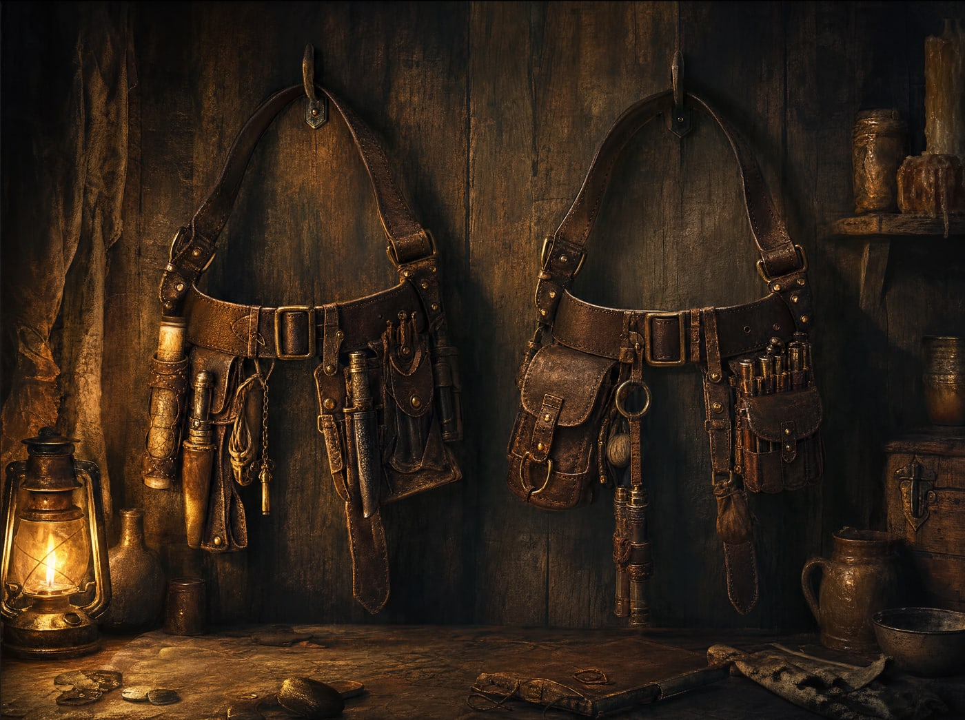 Two near-identical leather belt rigs hanging side by side from iron hooks on a plank wall, each fitted out with a different arrangement of pouches, keys and small tools.