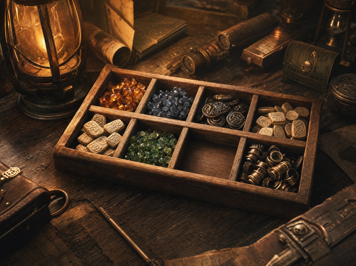 A wooden sorting tray of small components on a workbench, each compartment holding a different kind of piece, with one compartment left completely empty.