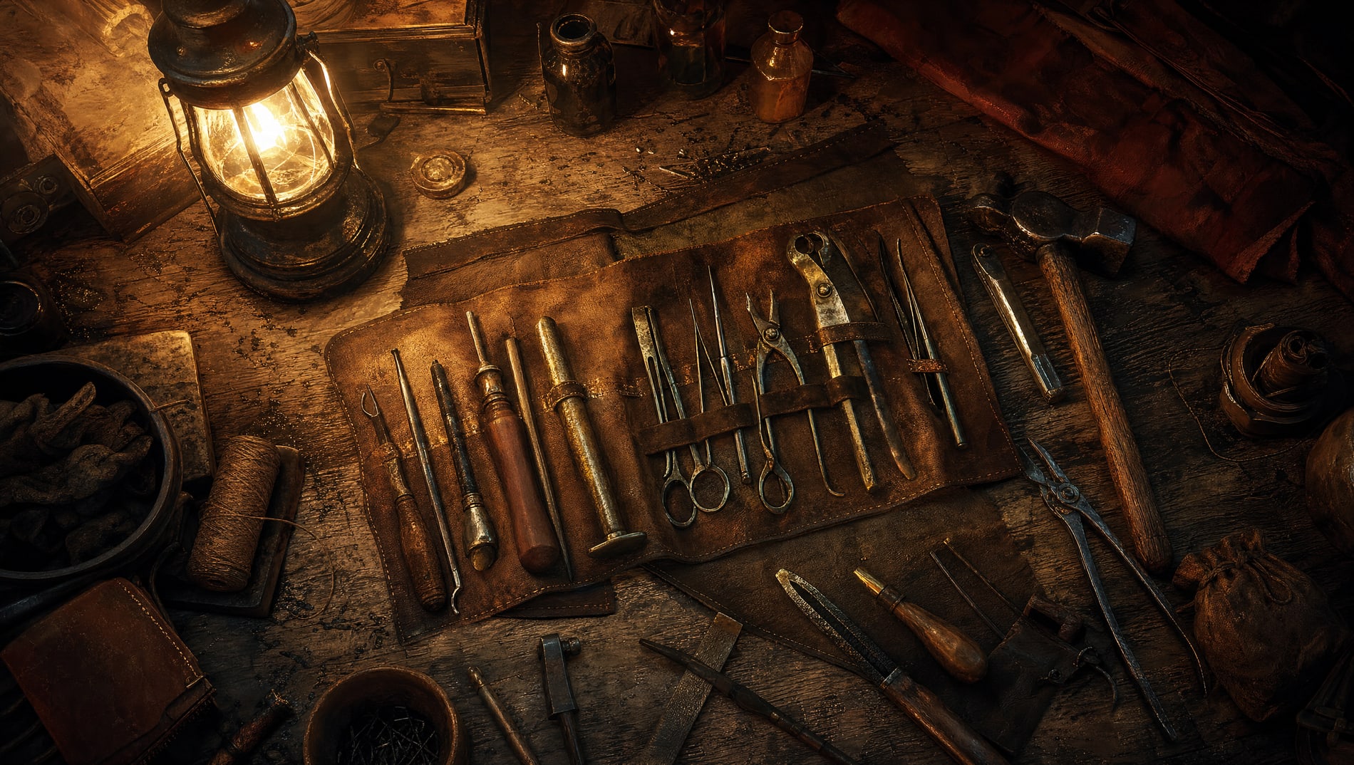 A workbench photographed from directly above, a leather tool roll open at its centre with implements laid in the loops, and loose tools, tins and offcuts scattered across the boards all around it.