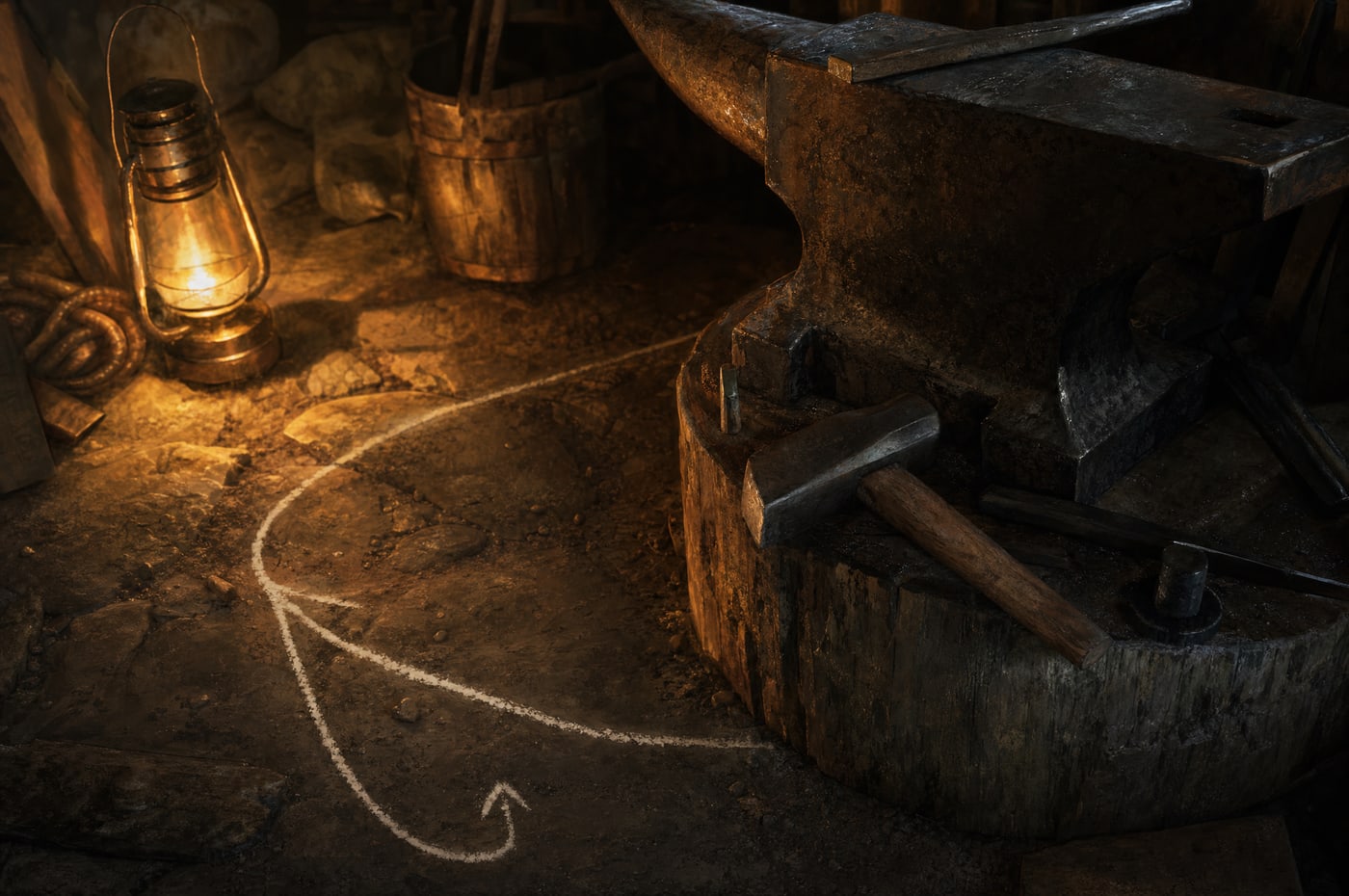 Close on a chalked route line curving around the base of an anvil block on a forge floor, an arrow scratched at its end, a lantern burning off to one side.