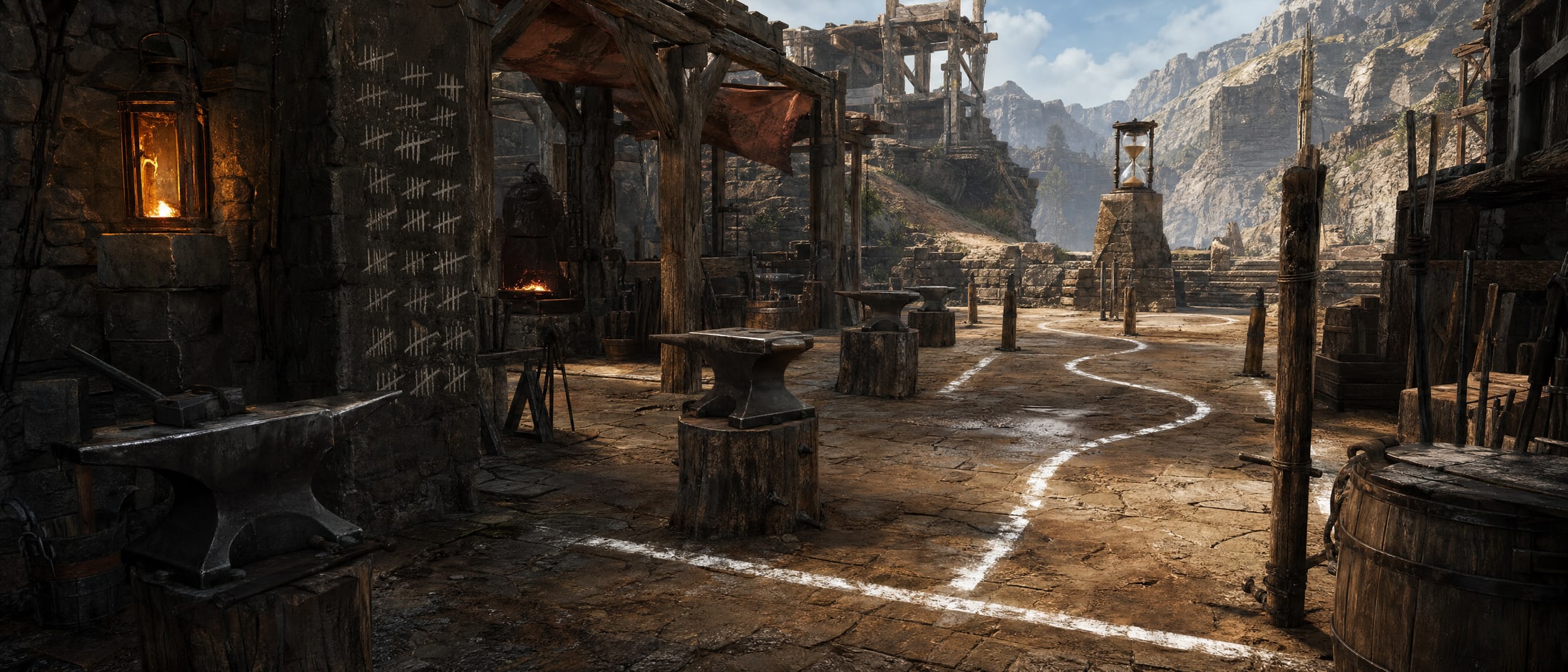 A forge yard at hard noon chalked out as a course: a start line scuffed across the flagstones, a white route line curving between anvils on blocks, tally scratches covering the pillar on the left, and a tall hourglass standing on a stone block at the far end.