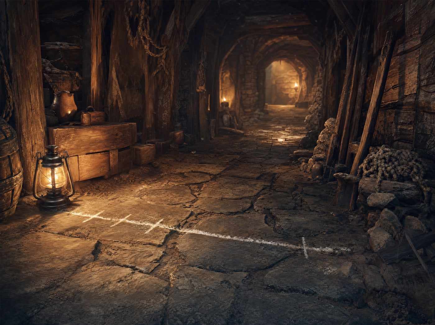 A chalk start line drawn across a stone passage floor, its middle scuffed almost white where it has been crossed over and over, a lit lantern set beside it.