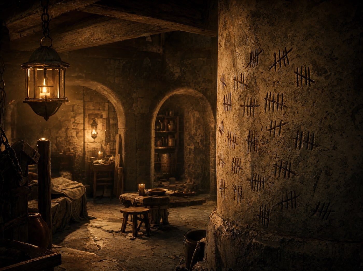 A stone pillar in a lamplit cellar covered in scratched tally marks grouped in fives, several groups struck through with a diagonal.