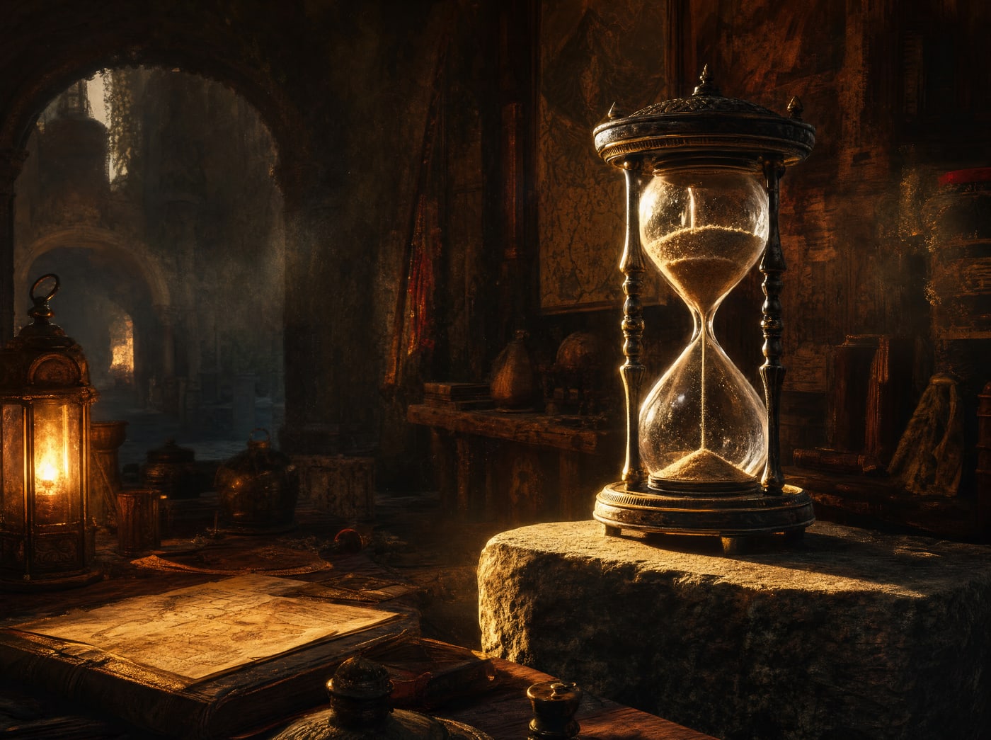 A tall brass hourglass on a stone block in low amber light, its sand part run through, an open map and a lantern on the table beside it.