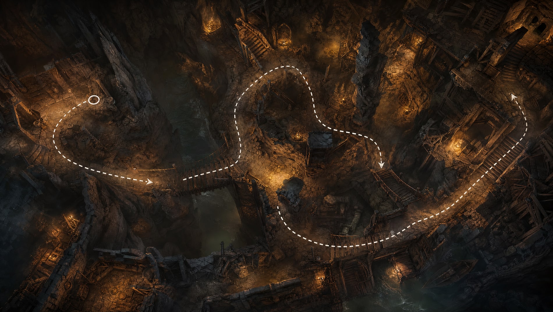 The whole marked course seen from directly above: a dashed white route line beginning at a small circle, curving between anvils, bridges and stacked crates, and running off the far side.