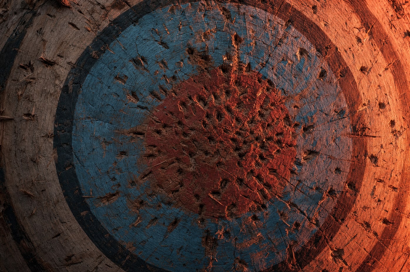 Close on the raking red light of a low sun across old weathered timber baulks, every edge and split in the grain thrown into relief.