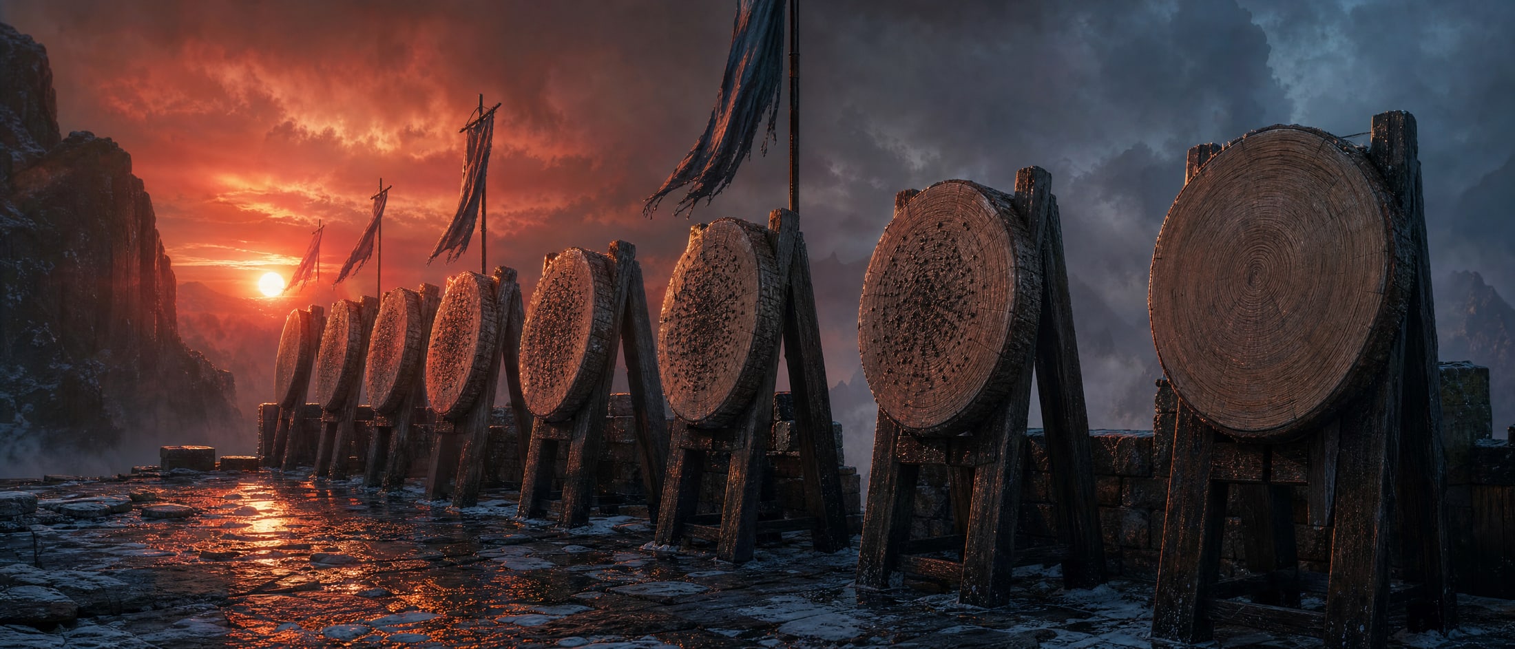 A row of heavy timber target butts on a windswept stone terrace at sunset, their straw faces scarred with old scoring toward the middle and almost bare at the edges, the butt nearest the end of the row still completely unmarked.