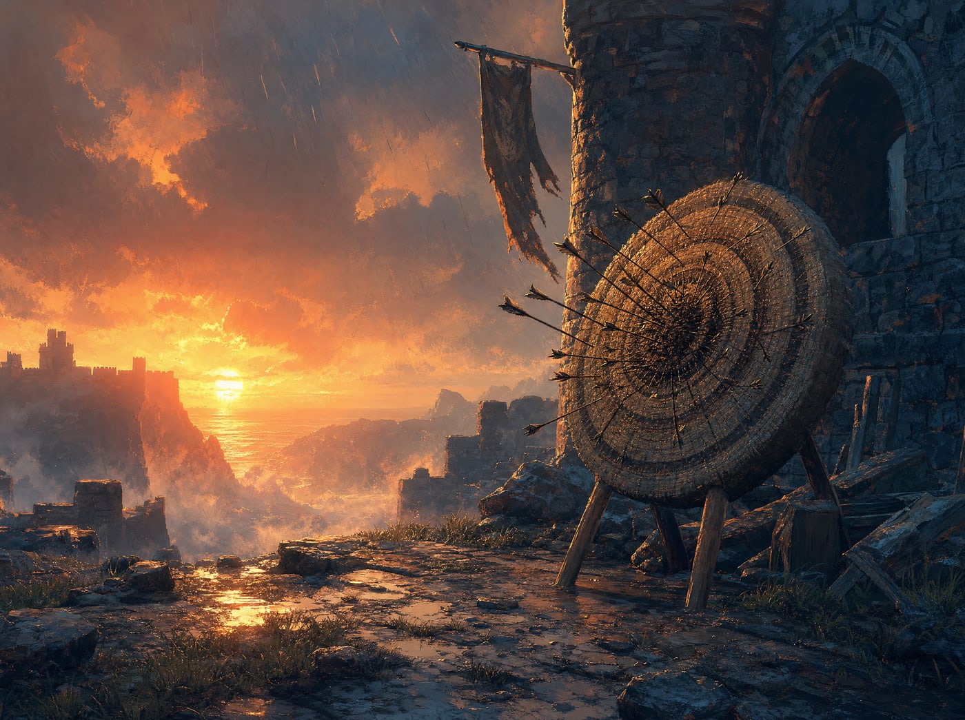 A target butt at close range at sunset, its face dense with old scoring and embedded arrow shafts through the middle and almost clean around the outer rings, a torn banner and a ruined tower behind it.