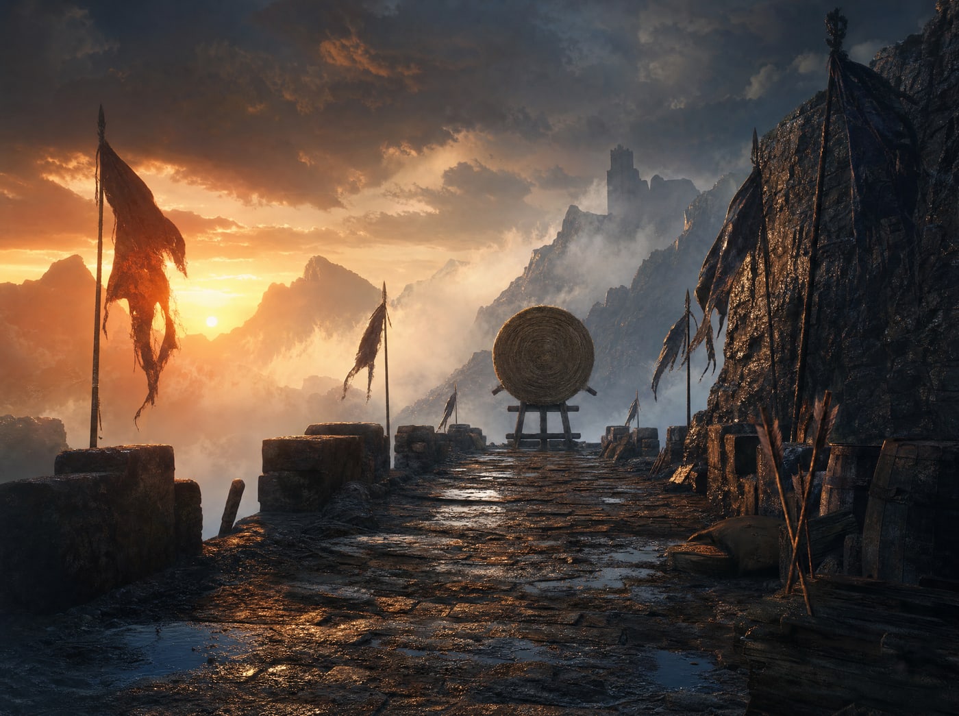 A single timber target butt standing alone at the far end of a wet stone causeway at sunset, its straw face completely unmarked, tattered banners on poles leaning away from it in the wind.