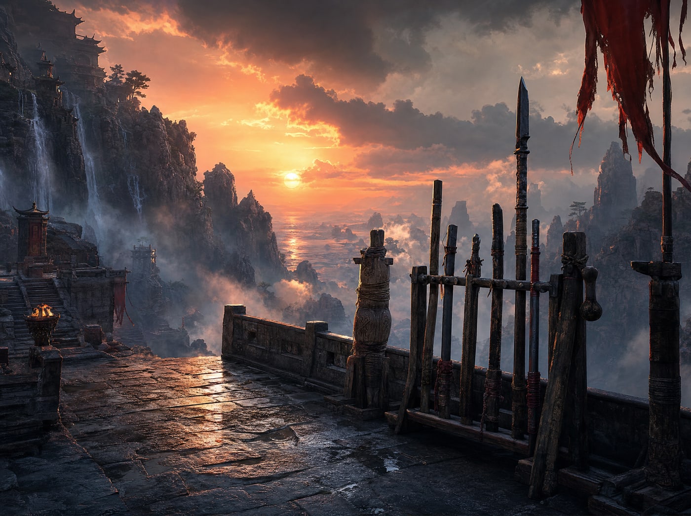 A rack of practice staves and weighted poles standing on a stone terrace at sunset, their shafts bound and rebound and their grips worn pale from long repetition, a lit brazier on the stair behind.