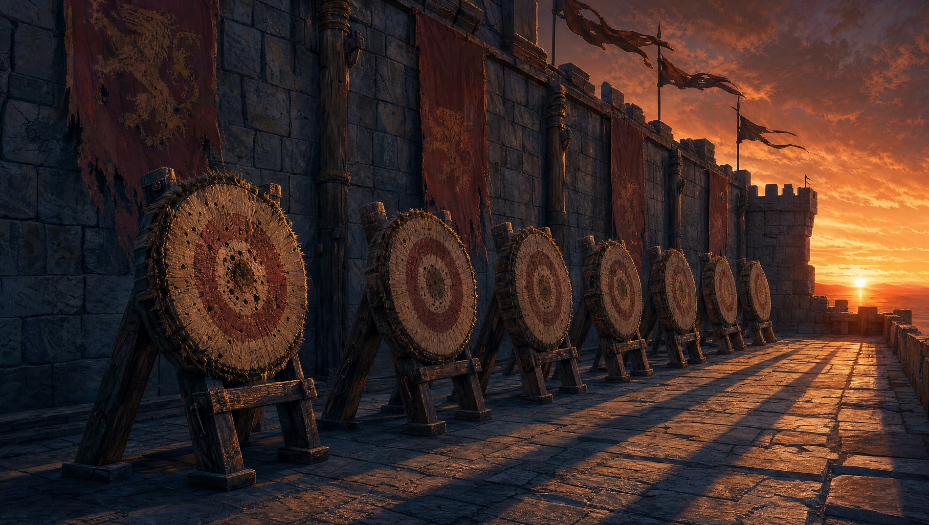 A long stone terrace seen from one end at sunset, its parapet and ruined arches receding into red light above the sea, the wet flagstones throwing long shadows back down the range.