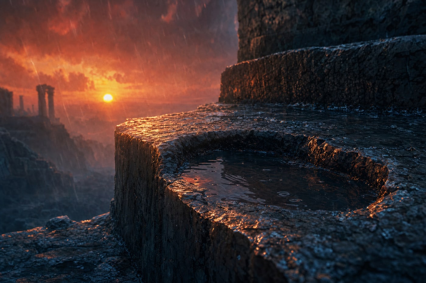 Close on a single stone step in the rain, its centre worn into a hollow deep enough to hold a pool of standing water that catches the red sun.