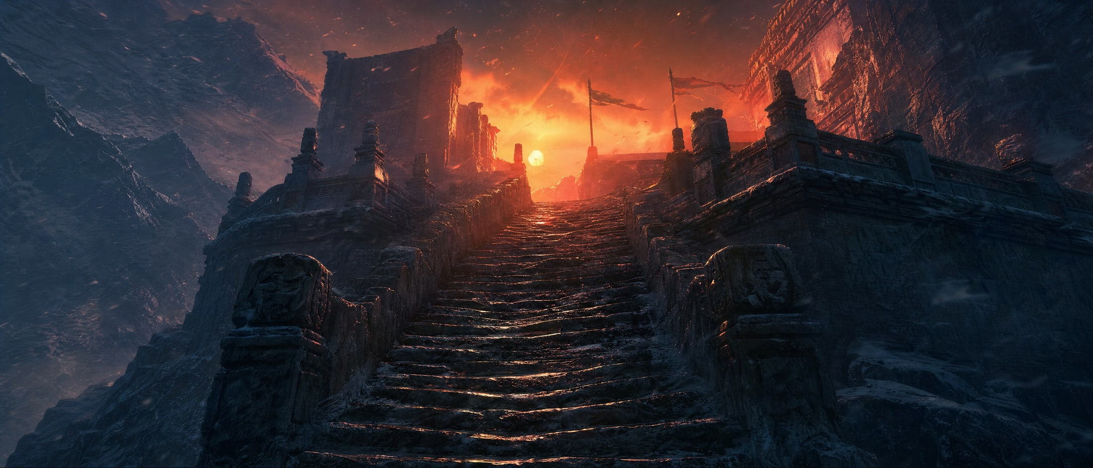 A steep stone flight seen from its foot looking up between two ruined balustrades, the treads hollowed and wet, the terrace at the top burning red against a low sun while the bottom of the stair sits in shadow.