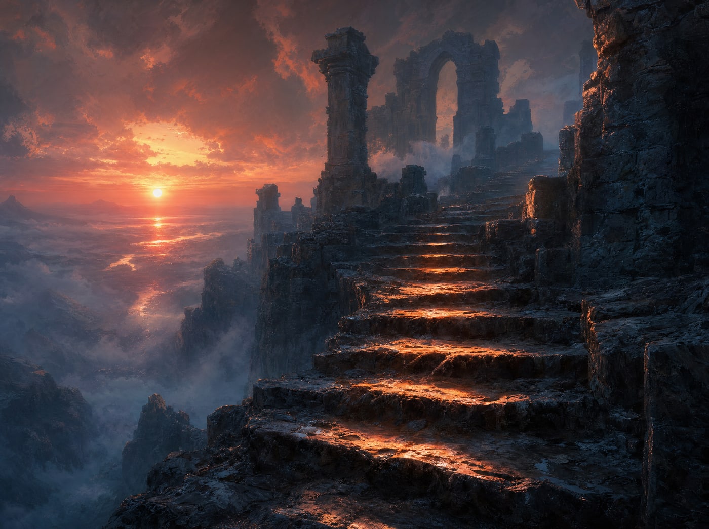Stone steps climbing toward a ruined arch at sunset, each tread worn into a shallow hollow down its centre and holding the last of the light.