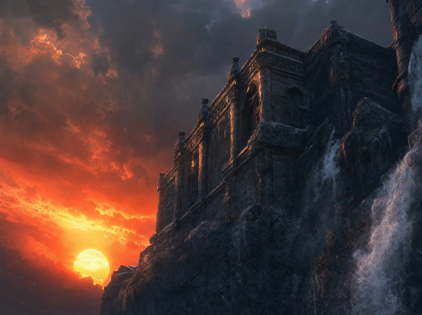 The edge of a terrace seen from below, its parapet and buttresses catching the last light against a burning red sky while the rock beneath it is already dark.