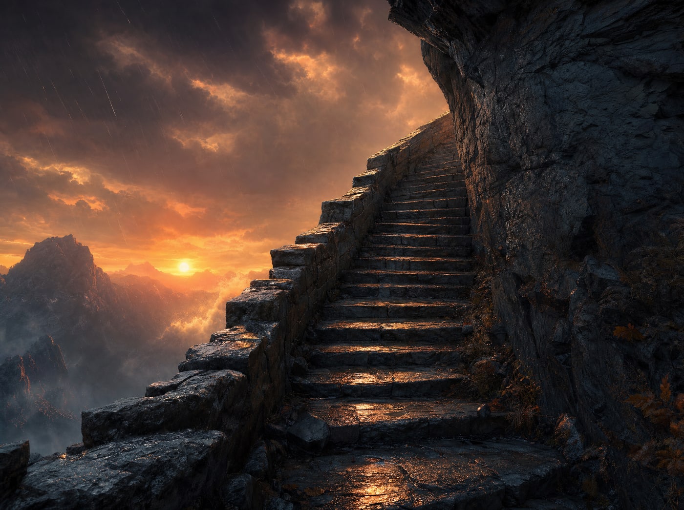 A stone stair turning a corner against a cliff face in the rain, the steps continuing up out of sight around the bend with the top nowhere visible.