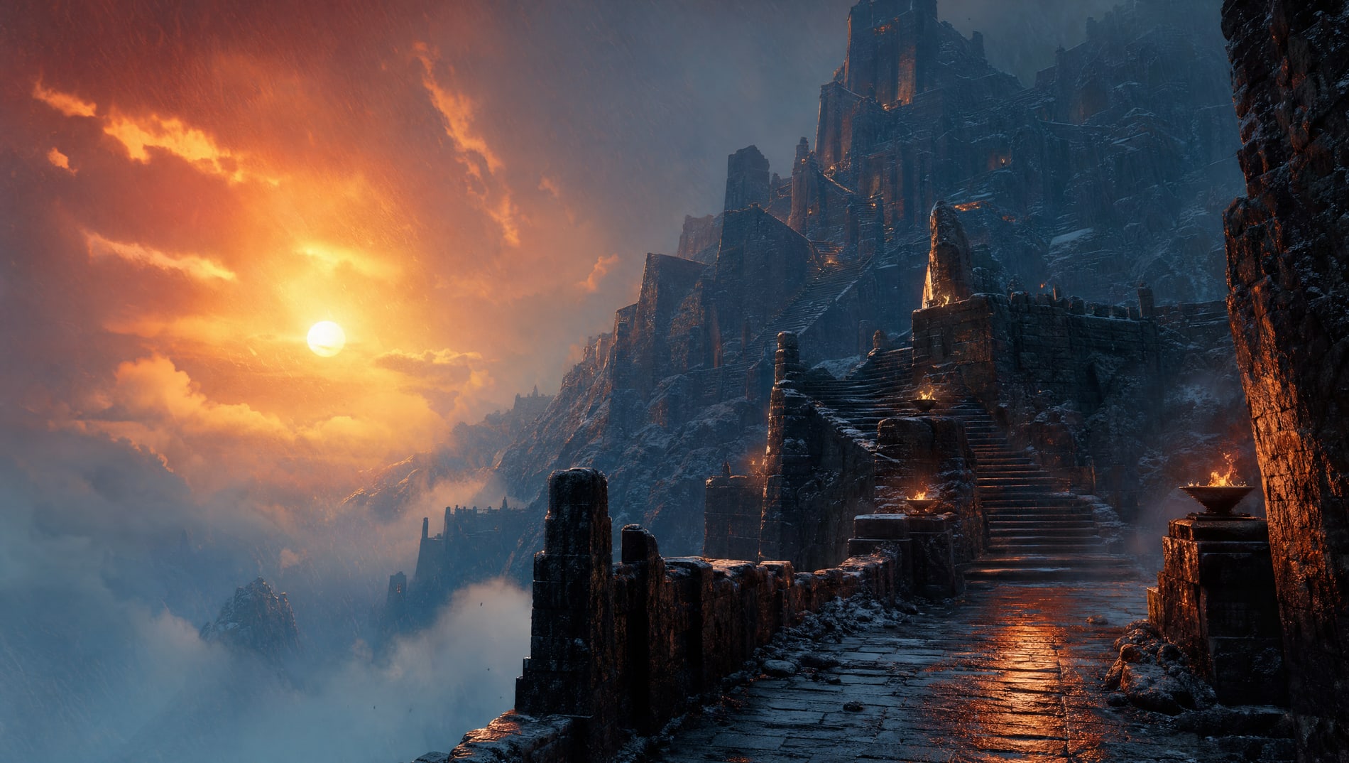 Flight after flight of stone stairs stacked up the face of a vast fortress at sunset, braziers lit along the walls, the highest runs disappearing into cloud.