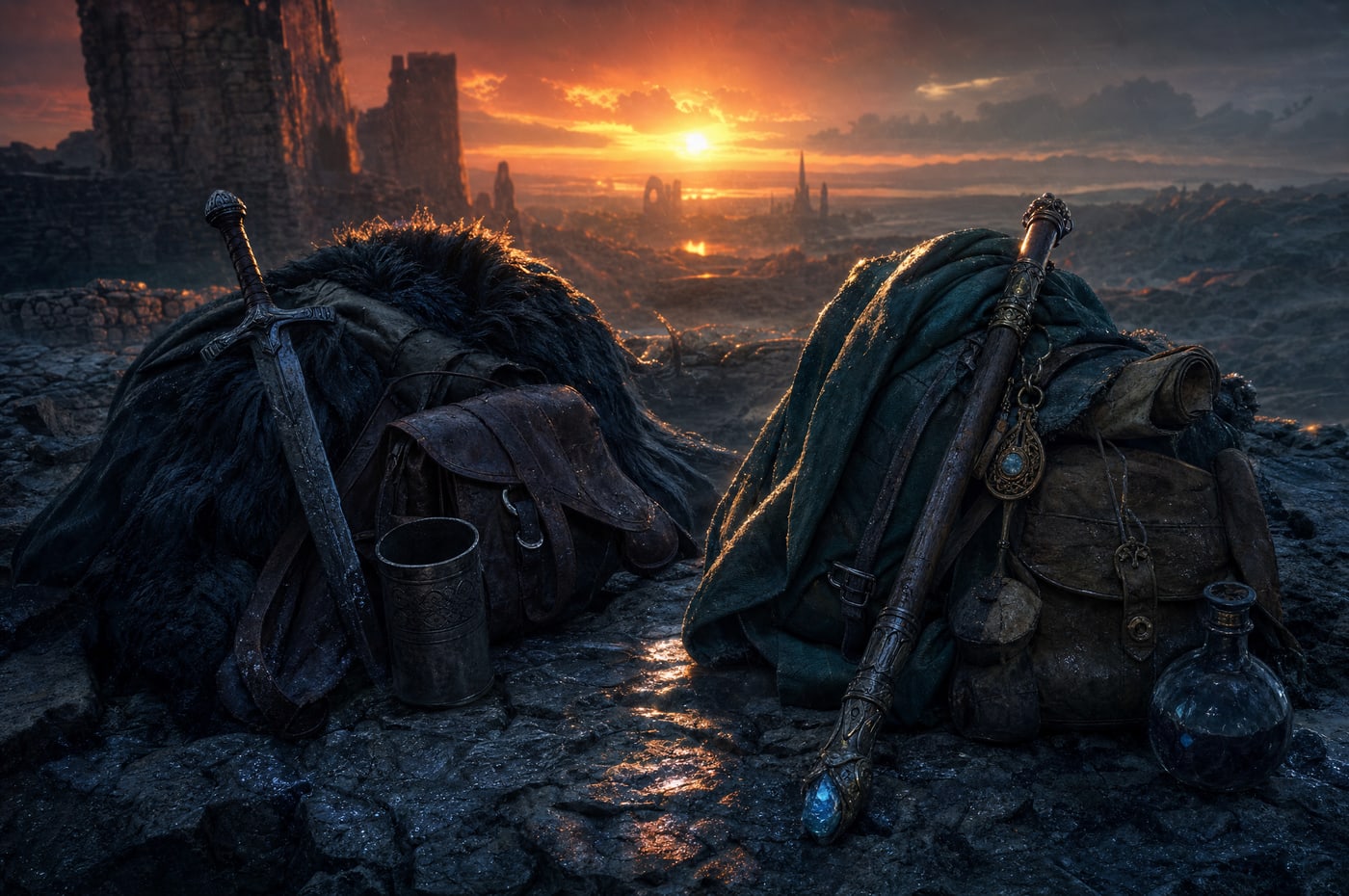 Two sets of gear propped side by side on wet rock at sunset, one heavy with dark fur and a broadsword, the other a green cloak with a staff and a glass flask, plainly belonging to two different people.