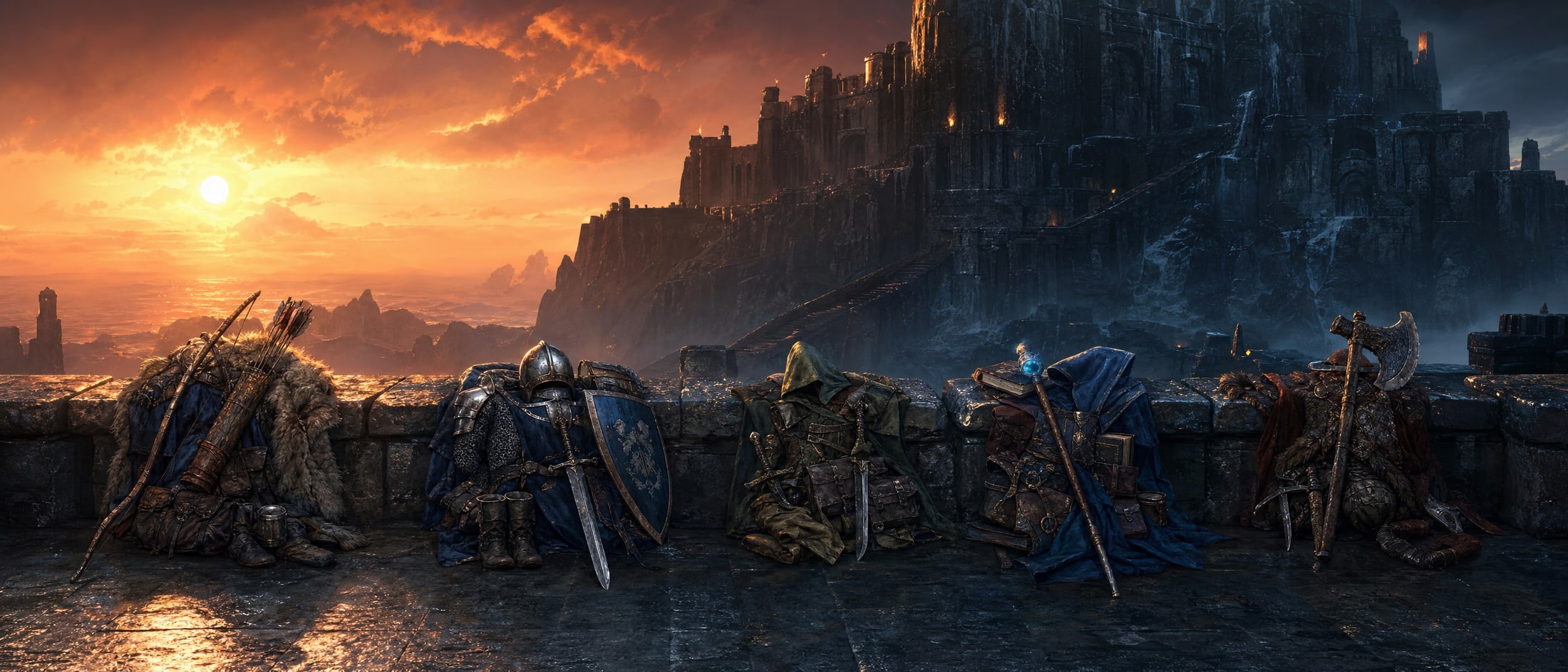 Five complete sets of gear laid out in a row along a long stone terrace bench at sunset, each set packed and worn differently, the tiered fortress rising into shadow behind them and a low red sun over the water beyond.