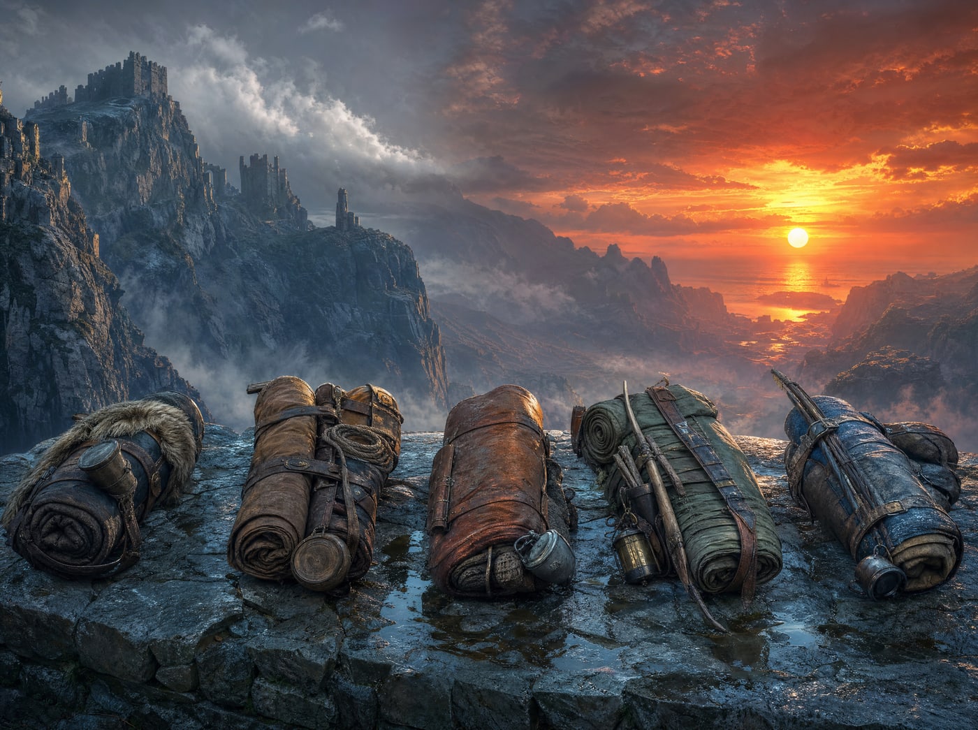 Five bedrolls and kit bundles laid out in a row on a wet stone parapet at sunset, no two packed the same way, a fortified ridge in cloud behind them.